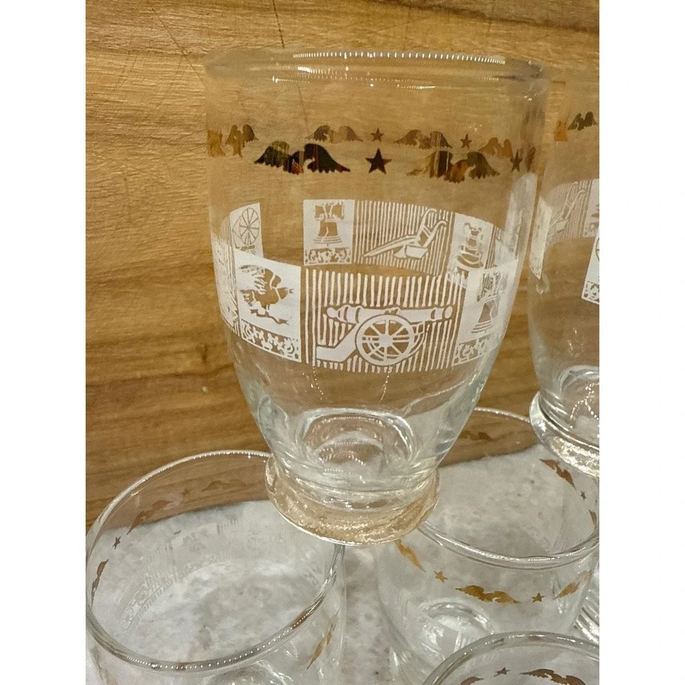 Vintage Americana Juice‎ Glasses Set of 8 Patriotic Eagle Liberty Bell Gold Rim